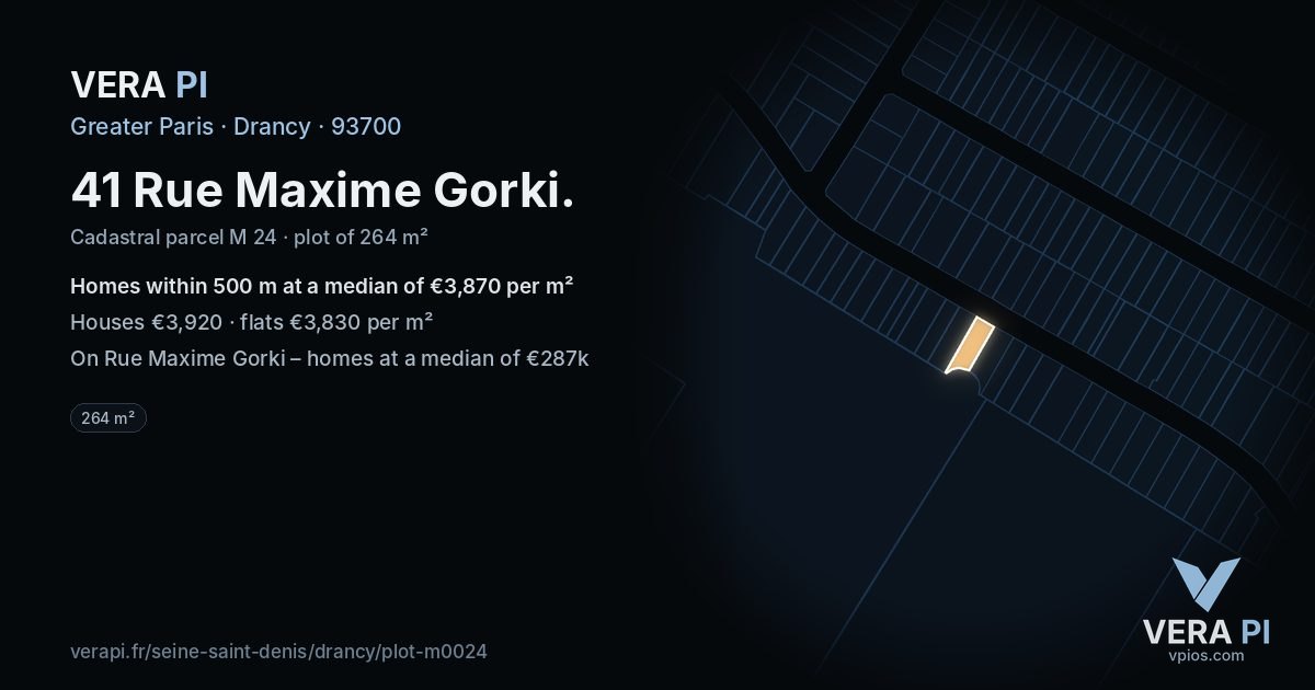 41 Rue Maxime Gorki, Drancy at night – the plot lit, the parcels around coloured by the prices near them
