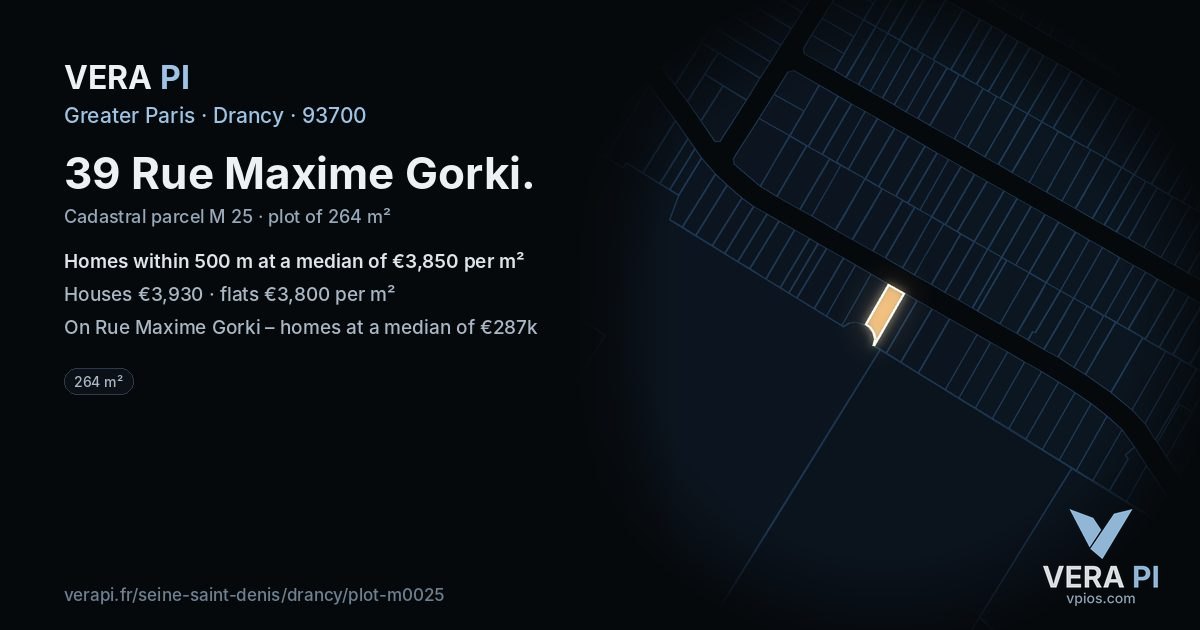 39 Rue Maxime Gorki, Drancy at night – the plot lit, the parcels around coloured by the prices near them