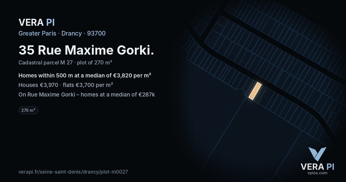 35 Rue Maxime Gorki, Drancy at night – the plot lit, the parcels around coloured by the prices near them