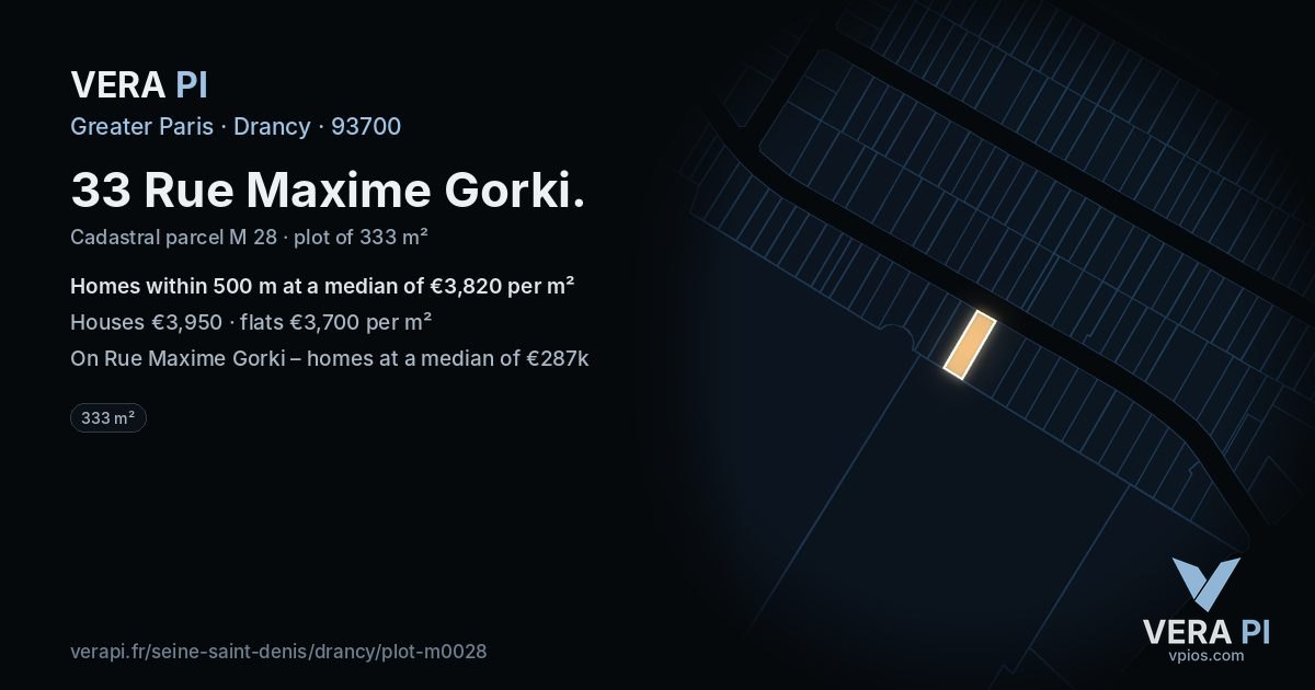 33 Rue Maxime Gorki, Drancy at night – the plot lit, the parcels around coloured by the prices near them
