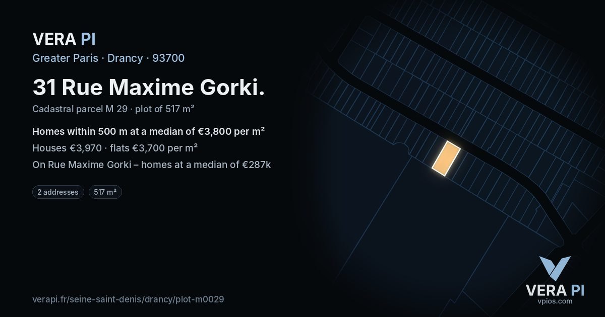 31 Rue Maxime Gorki, Drancy at night – the plot lit, the parcels around coloured by the prices near them