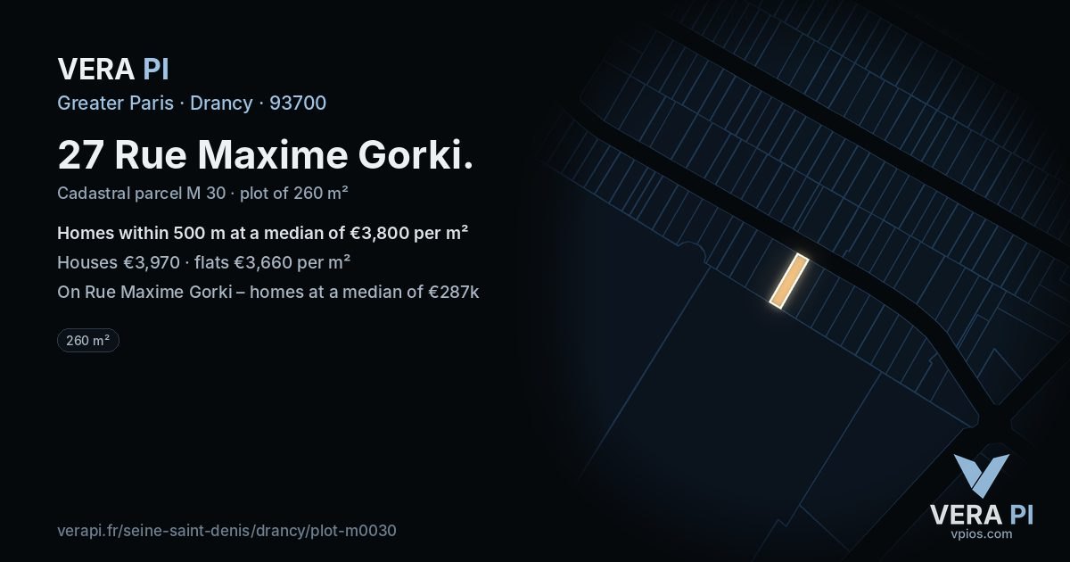 27 Rue Maxime Gorki, Drancy at night – the plot lit, the parcels around coloured by the prices near them