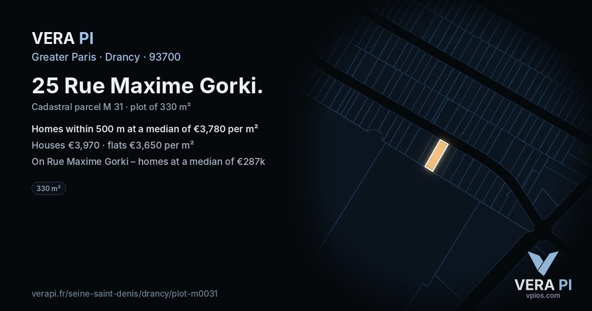 25 Rue Maxime Gorki, Drancy at night – the plot lit, the parcels around coloured by the prices near them