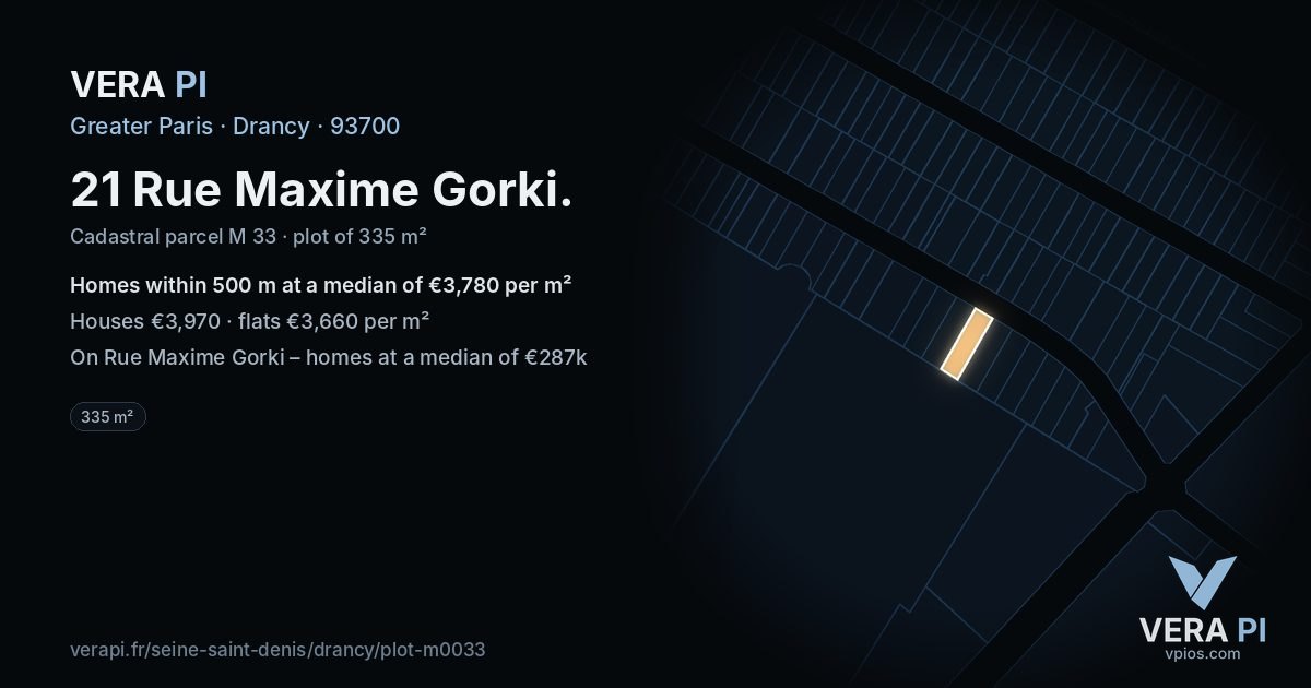 21 Rue Maxime Gorki, Drancy at night – the plot lit, the parcels around coloured by the prices near them
