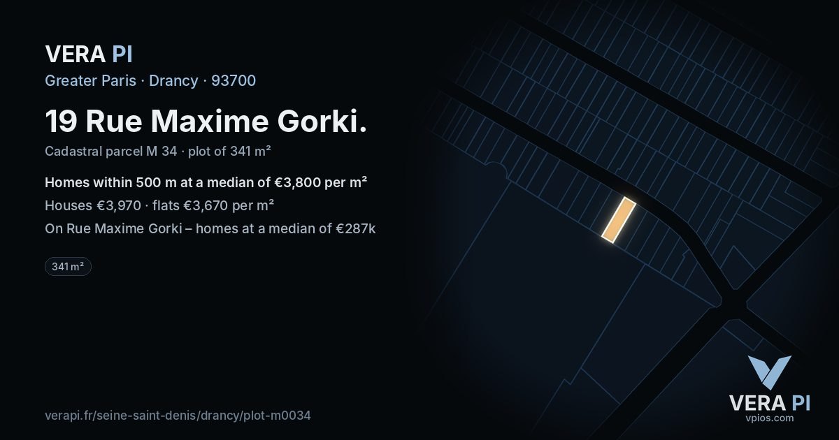 19 Rue Maxime Gorki, Drancy at night – the plot lit, the parcels around coloured by the prices near them