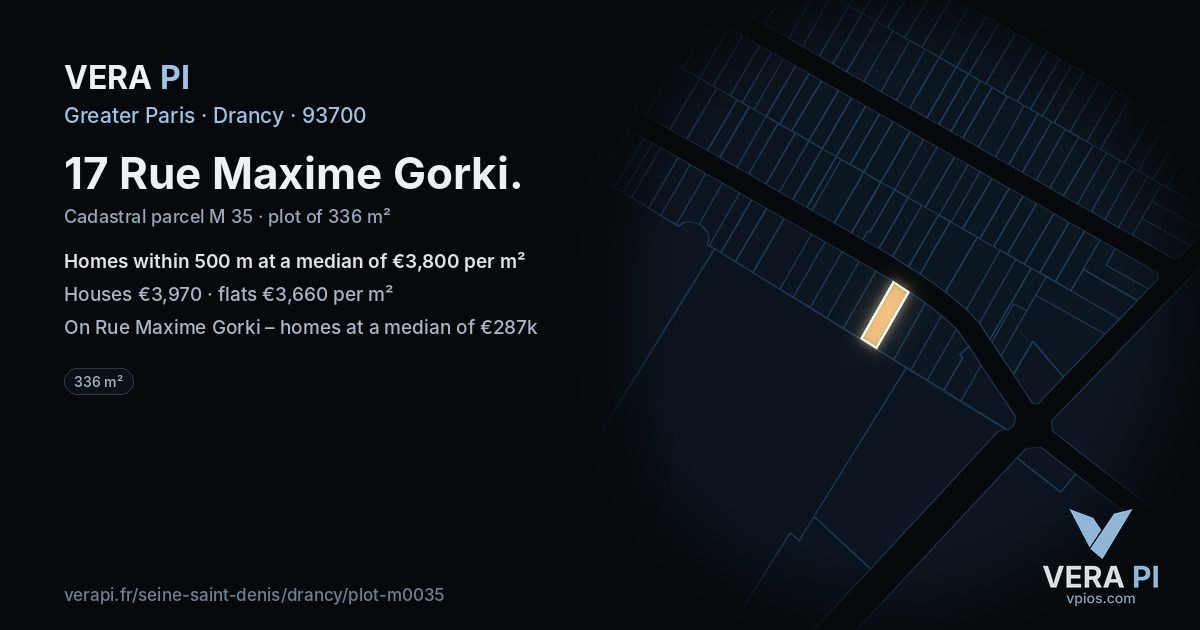 17 Rue Maxime Gorki, Drancy at night – the plot lit, the parcels around coloured by the prices near them