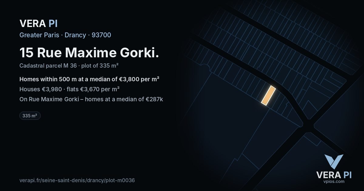 15 Rue Maxime Gorki, Drancy at night – the plot lit, the parcels around coloured by the prices near them
