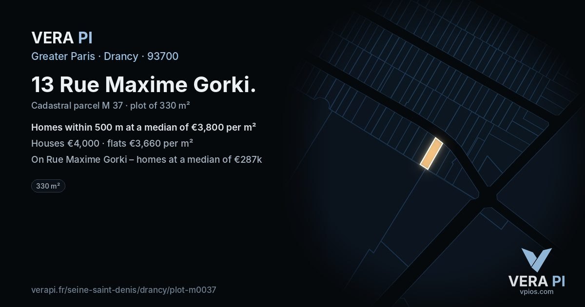 13 Rue Maxime Gorki, Drancy at night – the plot lit, the parcels around coloured by the prices near them