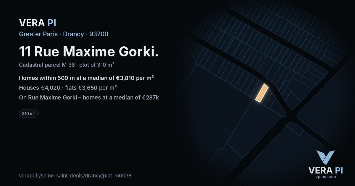 11 Rue Maxime Gorki, Drancy at night – the plot lit, the parcels around coloured by the prices near them