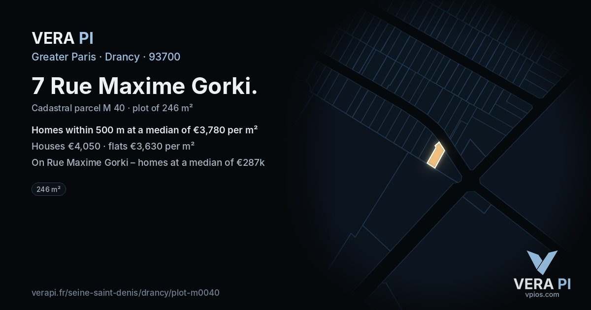 7 Rue Maxime Gorki, Drancy at night – the plot lit, the parcels around coloured by the prices near them