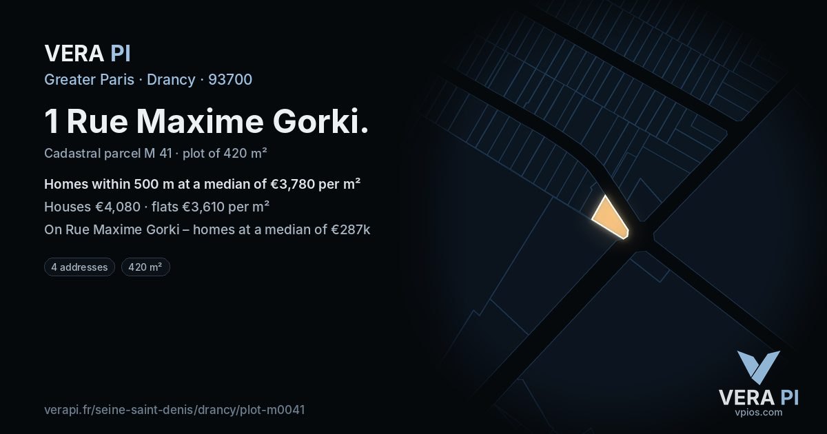 1 Rue Maxime Gorki, Drancy at night – the plot lit, the parcels around coloured by the prices near them
