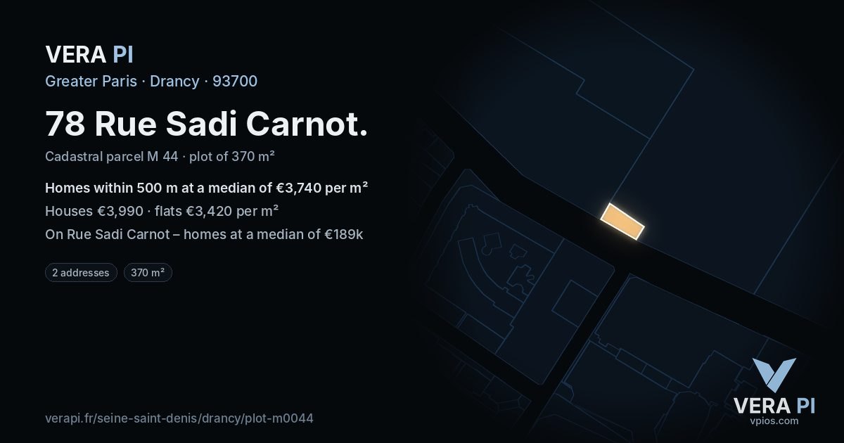 78 Rue Sadi Carnot, Drancy at night – the plot lit, the parcels around coloured by the prices near them