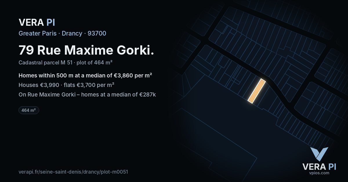 79 Rue Maxime Gorki, Drancy at night – the plot lit, the parcels around coloured by the prices near them