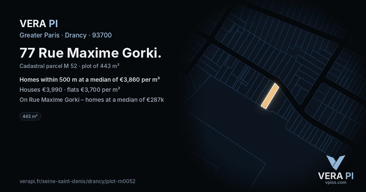 77 Rue Maxime Gorki, Drancy at night – the plot lit, the parcels around coloured by the prices near them