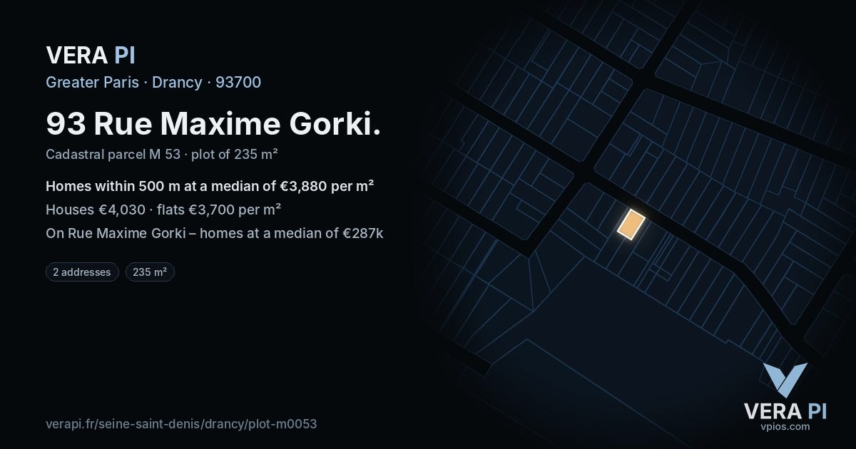 93 Rue Maxime Gorki, Drancy at night – the plot lit, the parcels around coloured by the prices near them