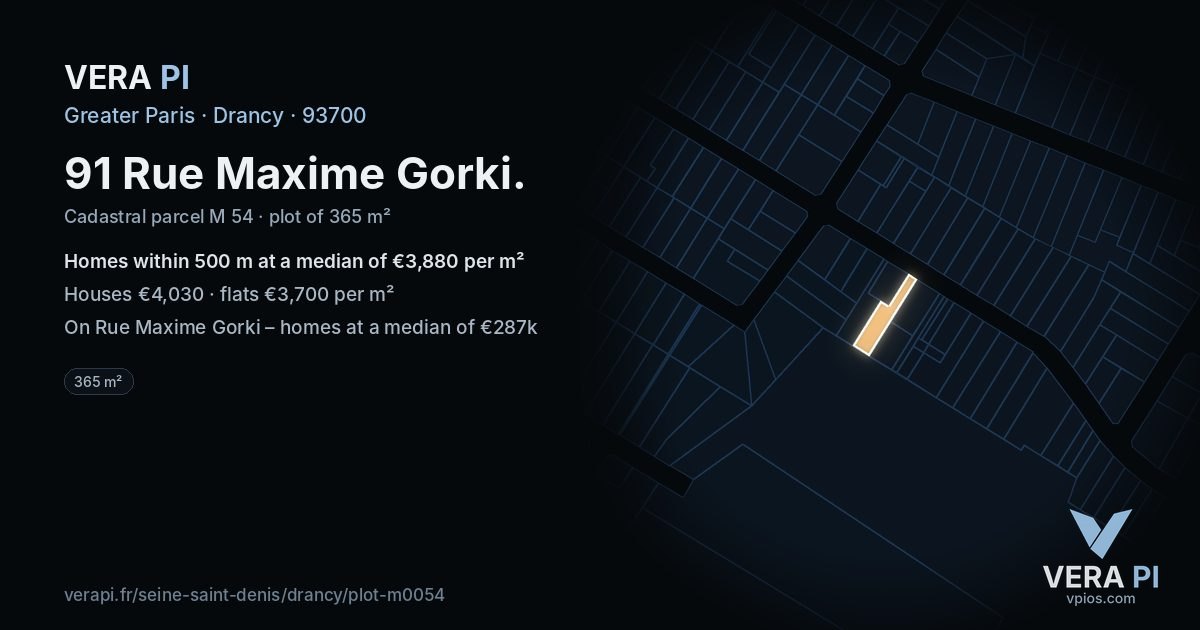 91 Rue Maxime Gorki, Drancy at night – the plot lit, the parcels around coloured by the prices near them