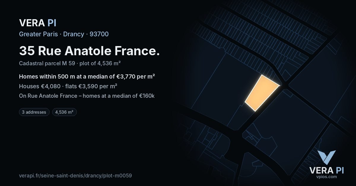 35 Rue Anatole France, Drancy at night – the plot lit, the parcels around coloured by the prices near them