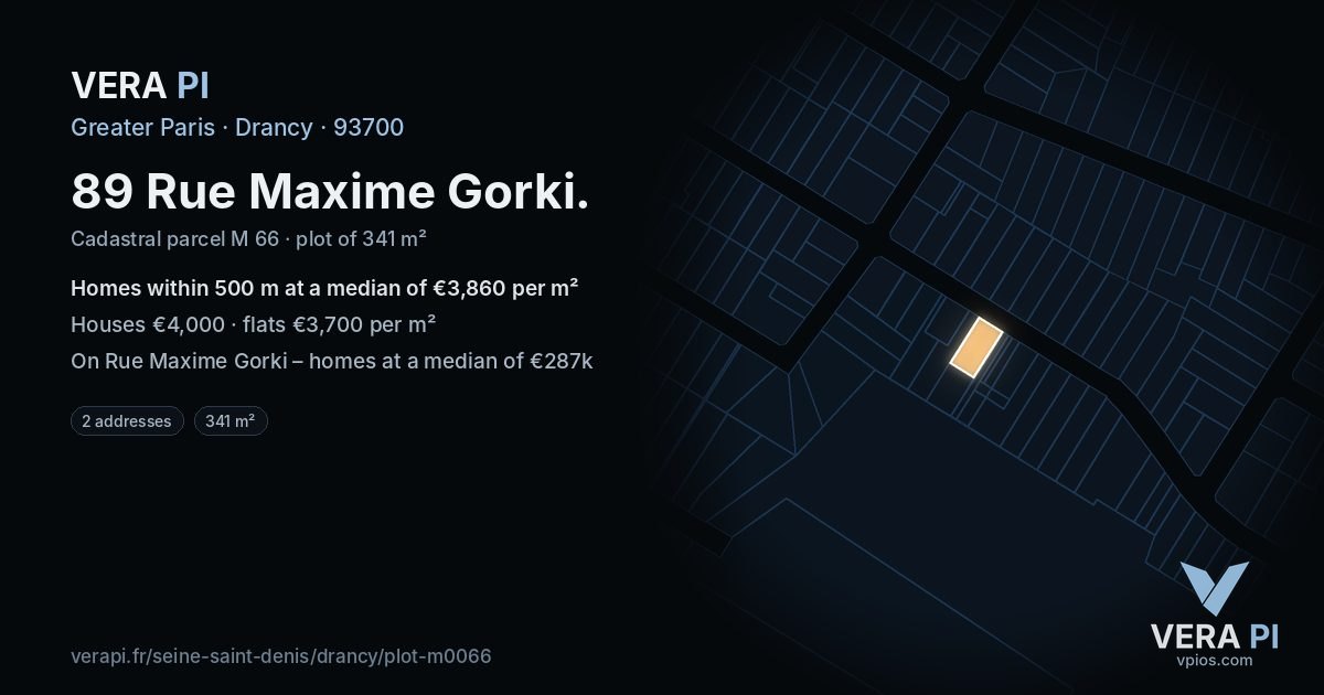 89 Rue Maxime Gorki, Drancy at night – the plot lit, the parcels around coloured by the prices near them