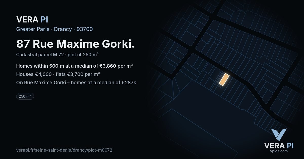 87 Rue Maxime Gorki, Drancy at night – the plot lit, the parcels around coloured by the prices near them