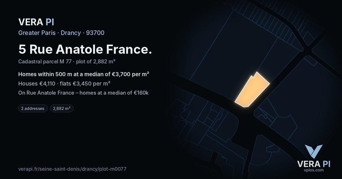 5 Rue Anatole France, Drancy at night – the plot lit, the parcels around coloured by the prices near them