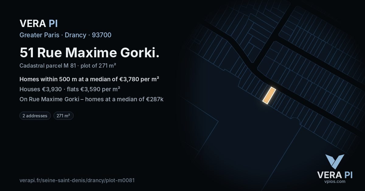 51 Rue Maxime Gorki, Drancy at night – the plot lit, the parcels around coloured by the prices near them