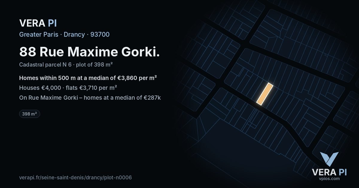 88 Rue Maxime Gorki, Drancy at night – the plot lit, the parcels around coloured by the prices near them