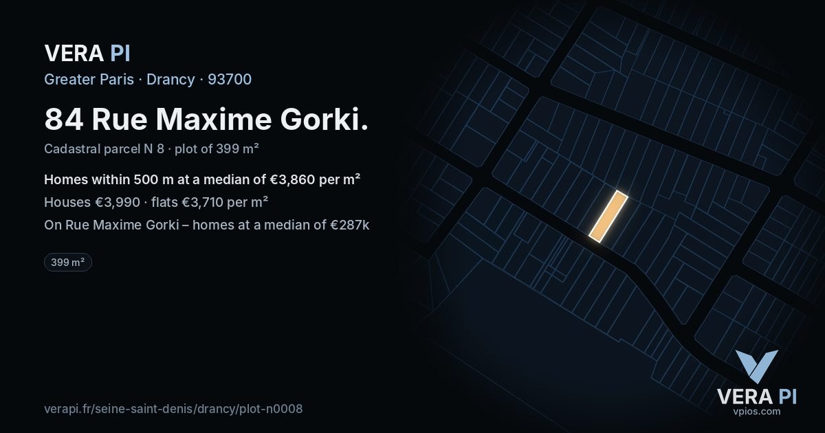 84 Rue Maxime Gorki, Drancy at night – the plot lit, the parcels around coloured by the prices near them