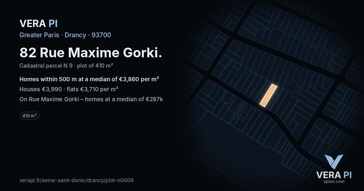 82 Rue Maxime Gorki, Drancy at night – the plot lit, the parcels around coloured by the prices near them