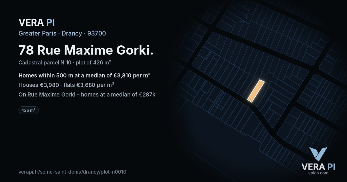 78 Rue Maxime Gorki, Drancy at night – the plot lit, the parcels around coloured by the prices near them