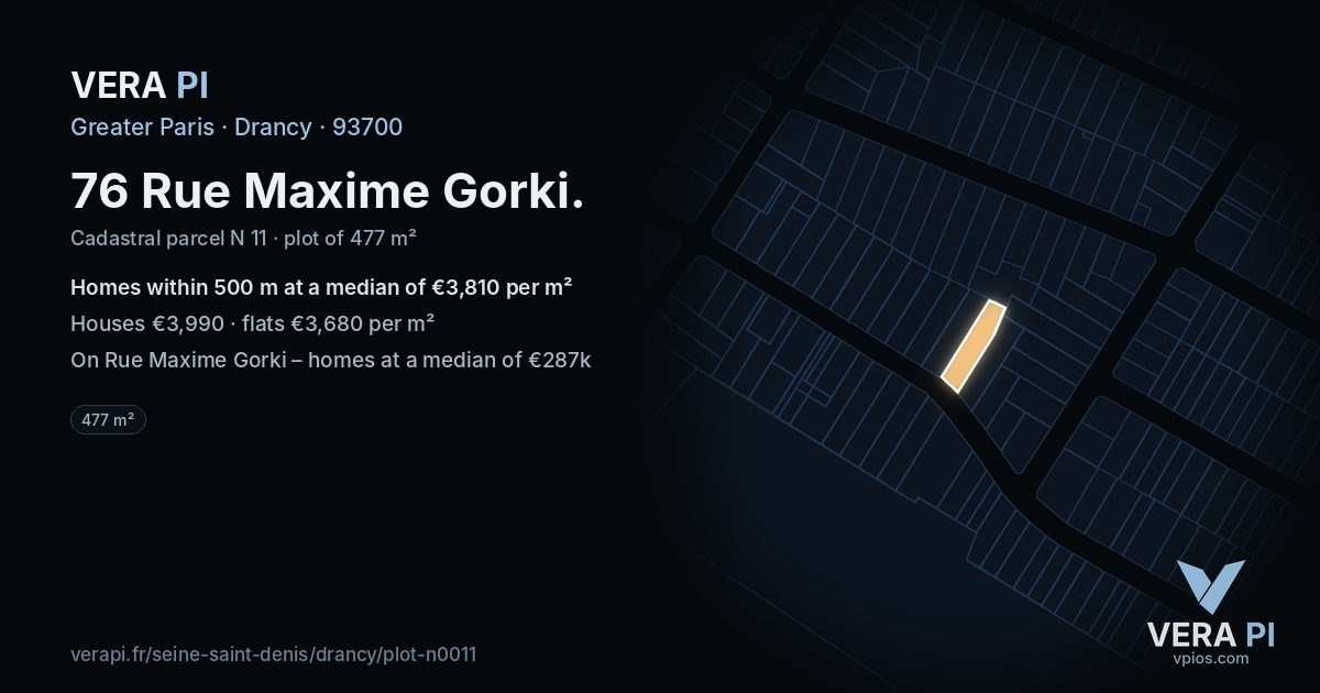 76 Rue Maxime Gorki, Drancy at night – the plot lit, the parcels around coloured by the prices near them