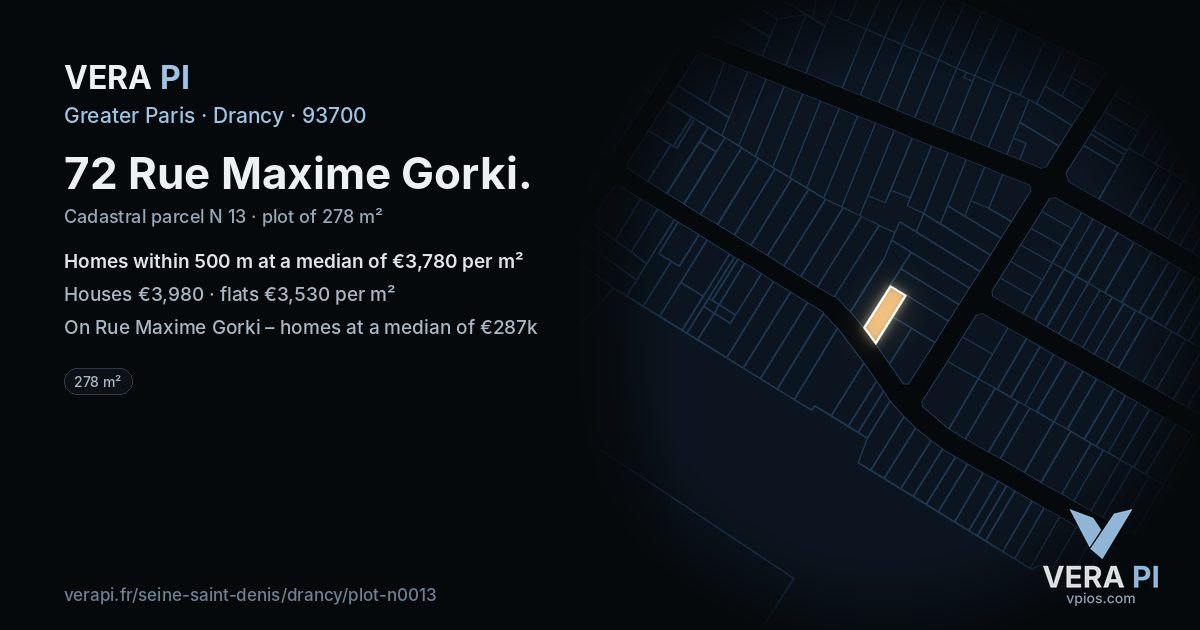 72 Rue Maxime Gorki, Drancy at night – the plot lit, the parcels around coloured by the prices near them