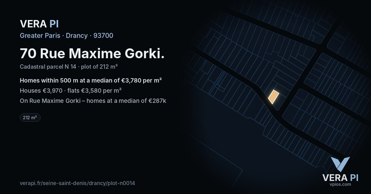 70 Rue Maxime Gorki, Drancy at night – the plot lit, the parcels around coloured by the prices near them