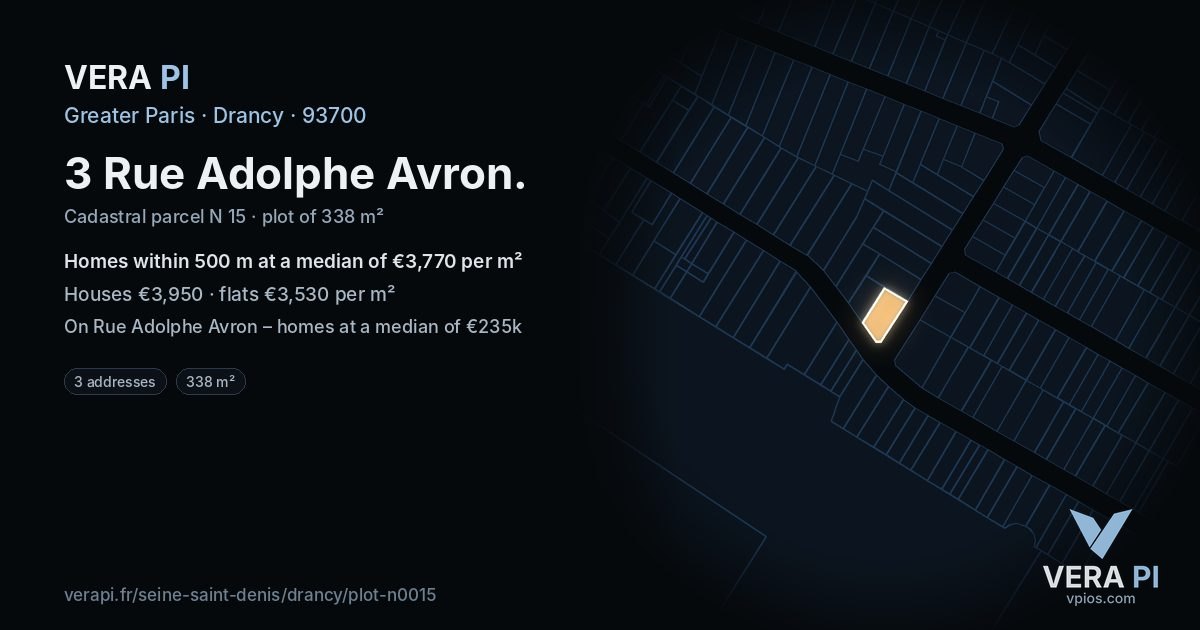 3 Rue Adolphe Avron, Drancy at night – the plot lit, the parcels around coloured by the prices near them