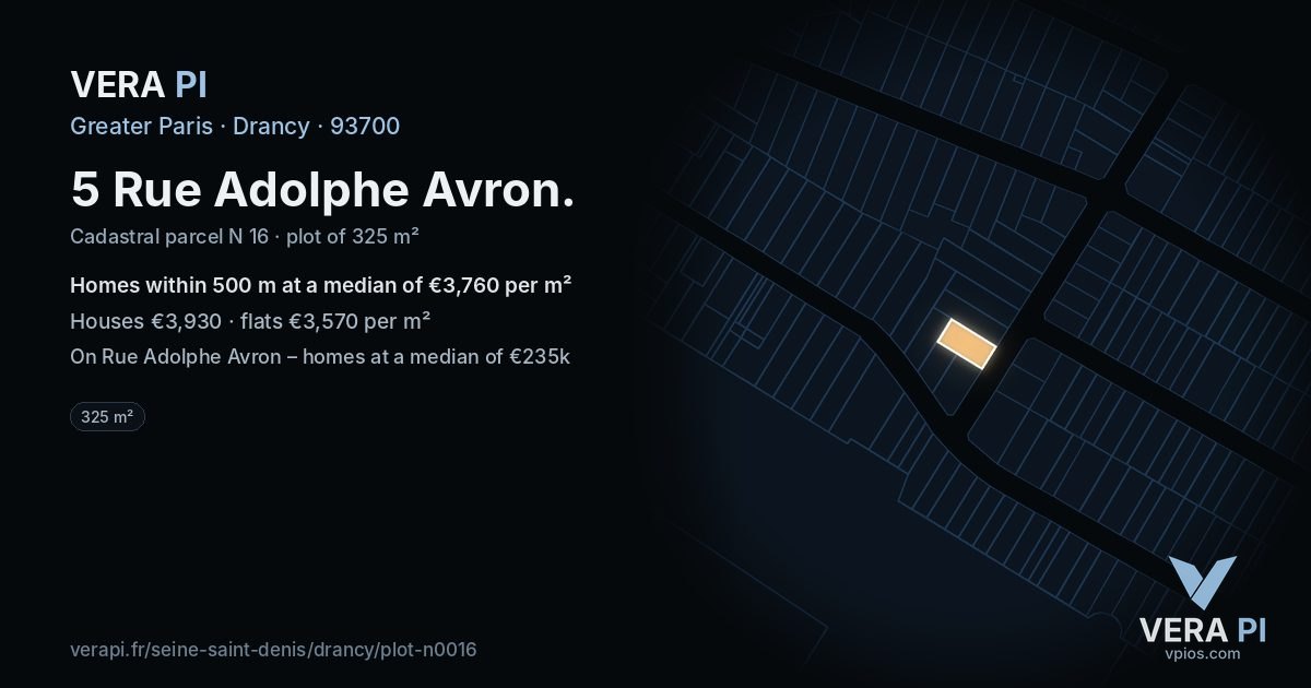 5 Rue Adolphe Avron, Drancy at night – the plot lit, the parcels around coloured by the prices near them