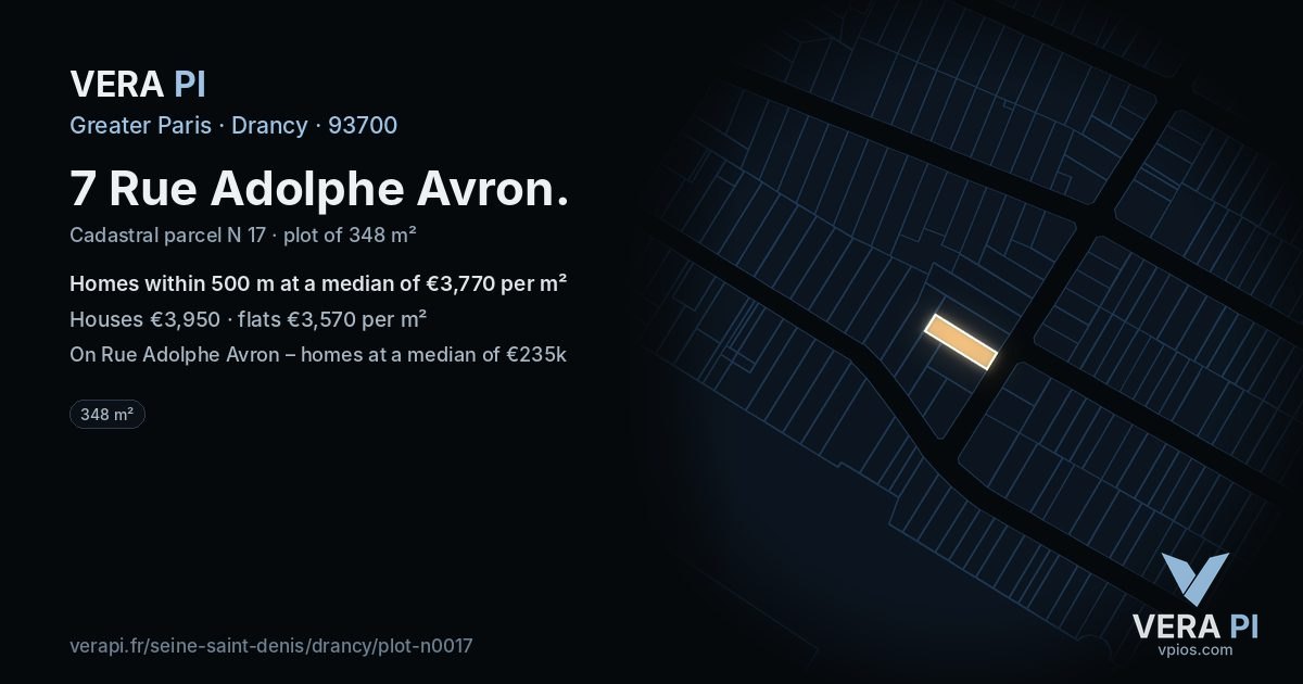 7 Rue Adolphe Avron, Drancy at night – the plot lit, the parcels around coloured by the prices near them