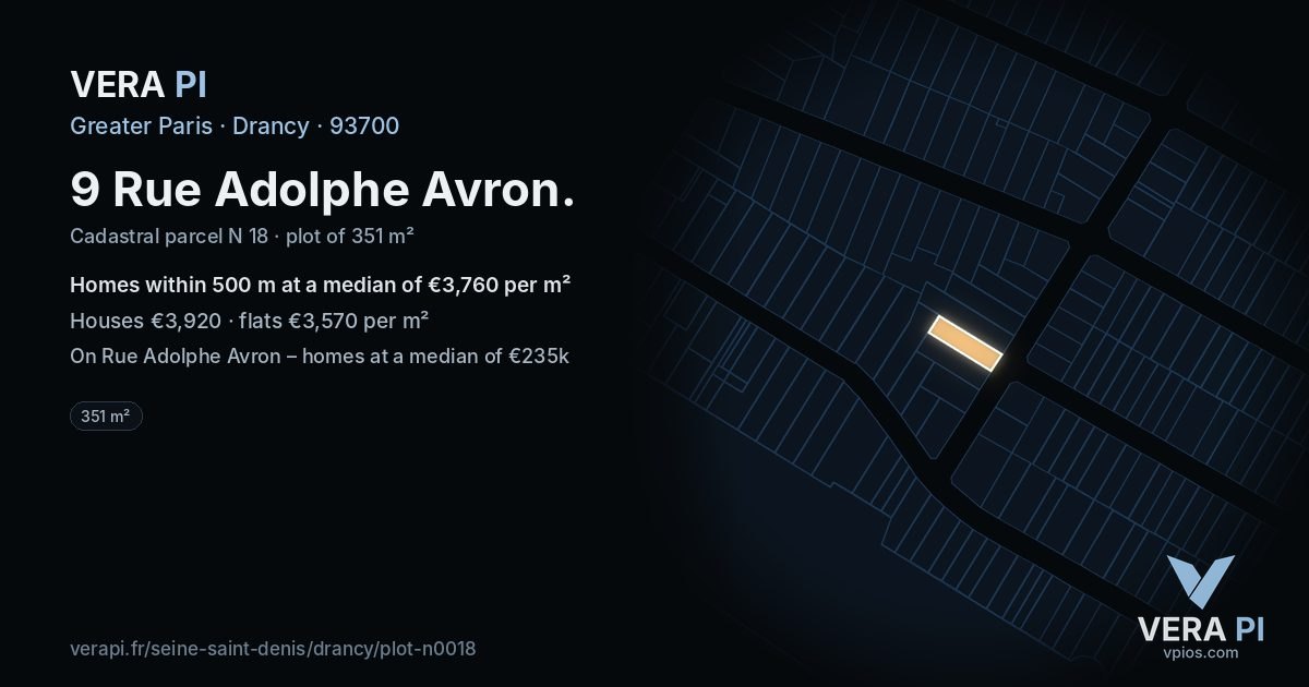9 Rue Adolphe Avron, Drancy at night – the plot lit, the parcels around coloured by the prices near them