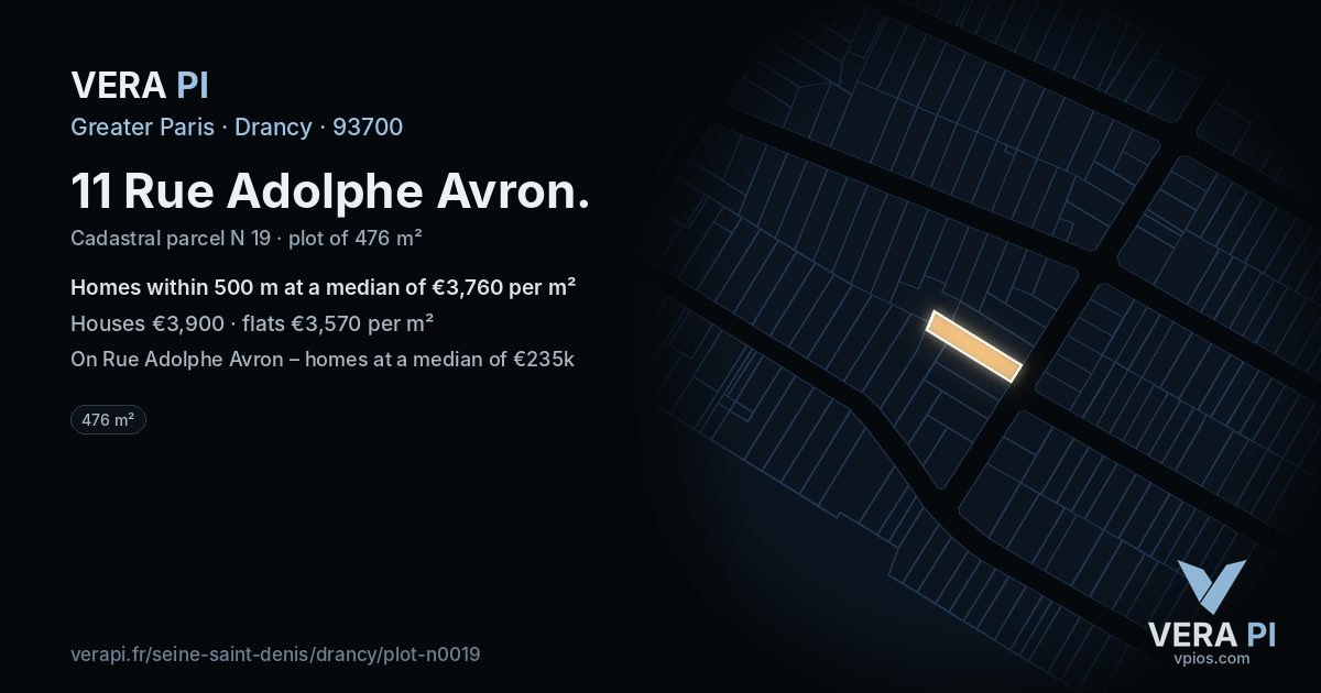 11 Rue Adolphe Avron, Drancy at night – the plot lit, the parcels around coloured by the prices near them