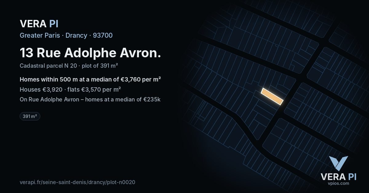 13 Rue Adolphe Avron, Drancy at night – the plot lit, the parcels around coloured by the prices near them