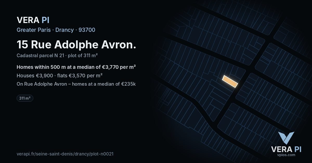15 Rue Adolphe Avron, Drancy at night – the plot lit, the parcels around coloured by the prices near them