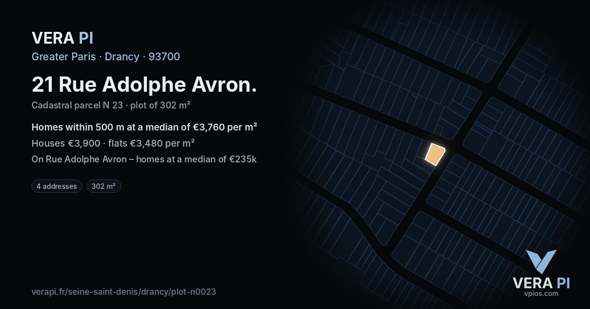 21 Rue Adolphe Avron, Drancy at night – the plot lit, the parcels around coloured by the prices near them