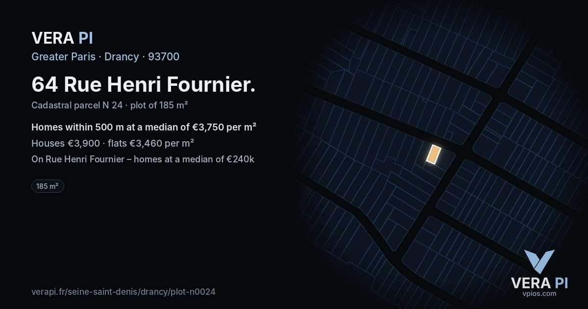 64 Rue Henri Fournier, Drancy at night – the plot lit, the parcels around coloured by the prices near them