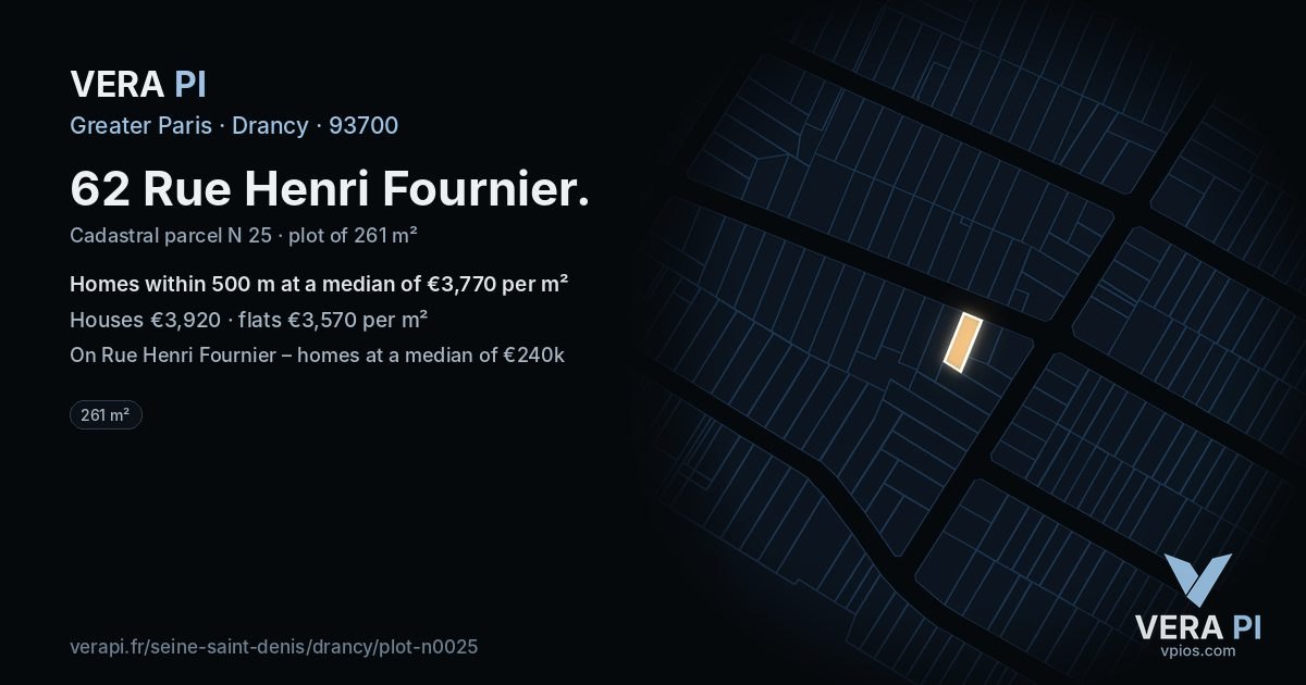 62 Rue Henri Fournier, Drancy at night – the plot lit, the parcels around coloured by the prices near them