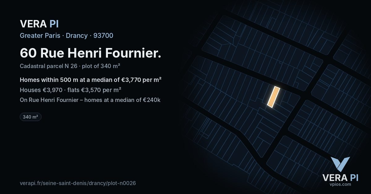 60 Rue Henri Fournier, Drancy at night – the plot lit, the parcels around coloured by the prices near them
