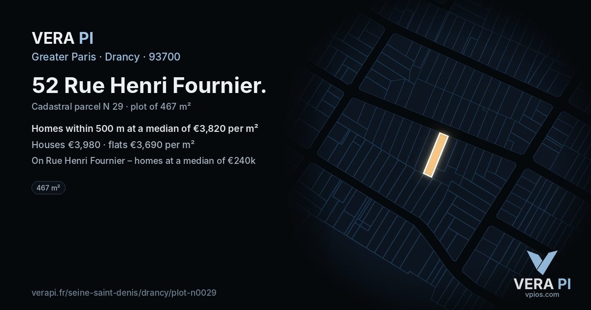 52 Rue Henri Fournier, Drancy at night – the plot lit, the parcels around coloured by the prices near them