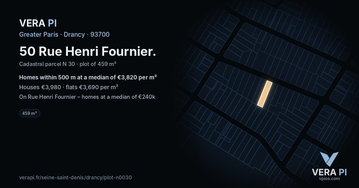 50 Rue Henri Fournier, Drancy at night – the plot lit, the parcels around coloured by the prices near them