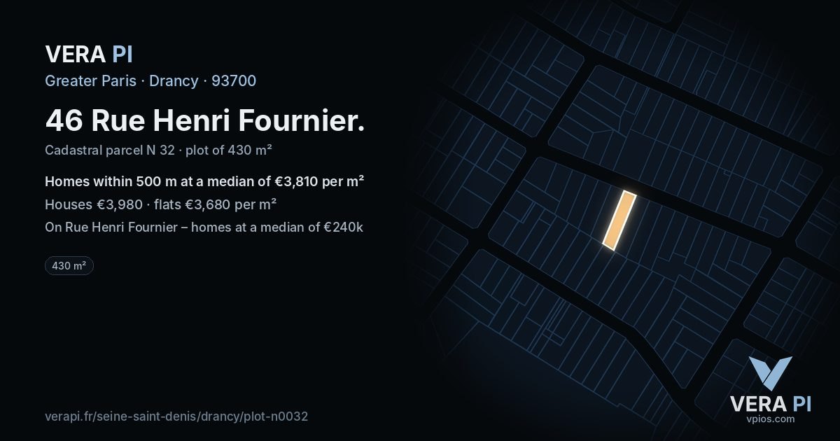 46 Rue Henri Fournier, Drancy at night – the plot lit, the parcels around coloured by the prices near them
