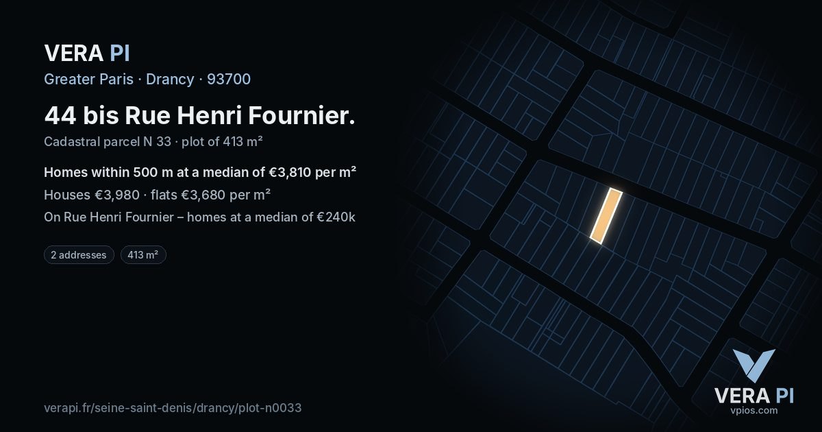 44 bis Rue Henri Fournier, Drancy at night – the plot lit, the parcels around coloured by the prices near them