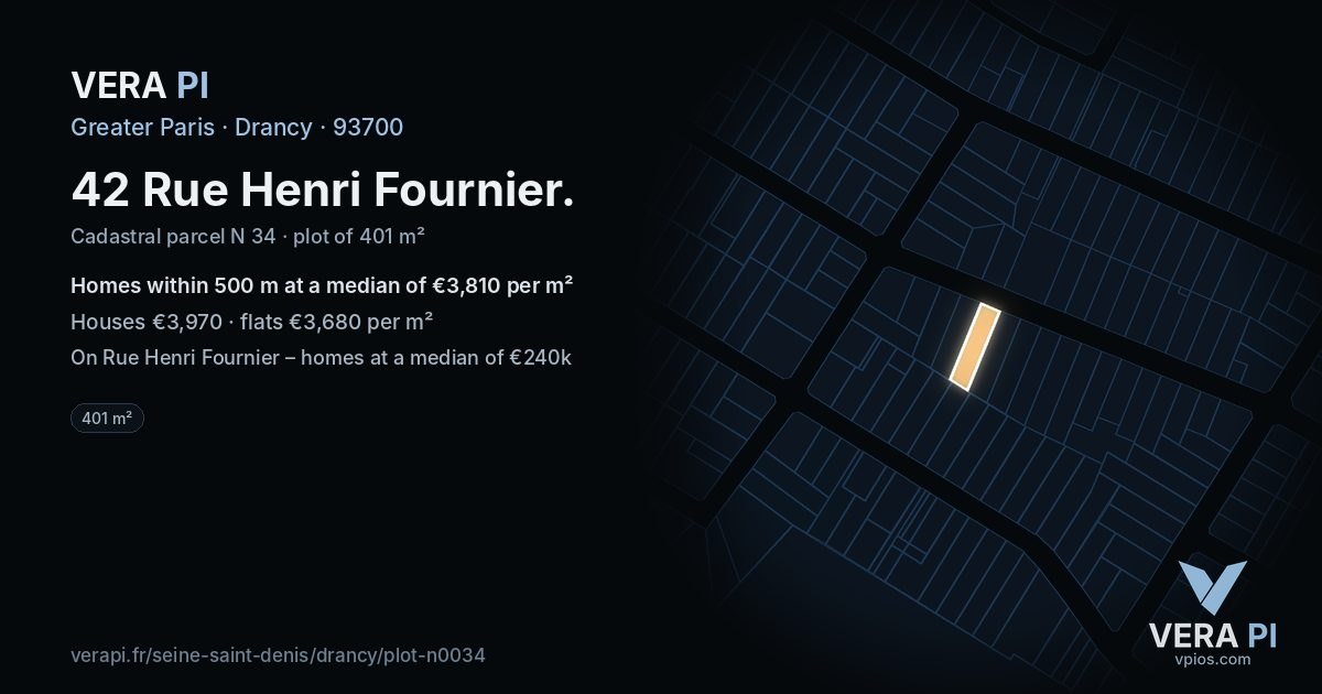 42 Rue Henri Fournier, Drancy at night – the plot lit, the parcels around coloured by the prices near them