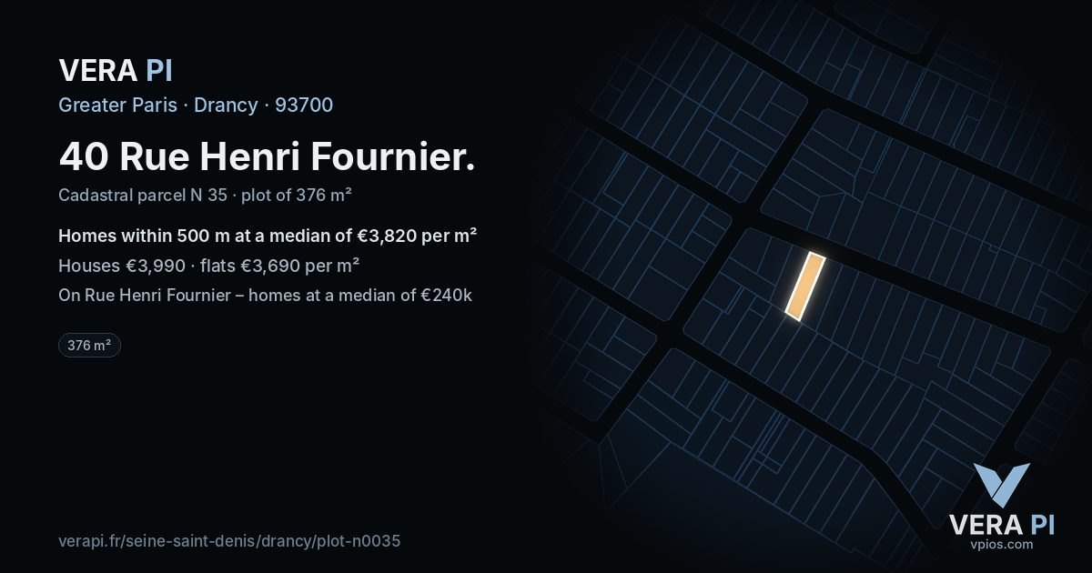 40 Rue Henri Fournier, Drancy at night – the plot lit, the parcels around coloured by the prices near them