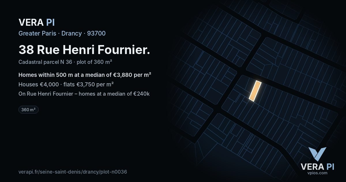38 Rue Henri Fournier, Drancy at night – the plot lit, the parcels around coloured by the prices near them